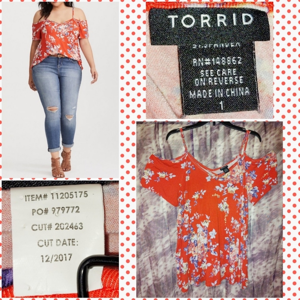 Torrid brand Orange/Multiclr Floral Strappy Cold Shoulder Knit Top Sz 1|1X|14/16